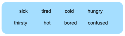 Options for the quiz: sick - tired - cold - hungry - thirsty - hot - bored - confused