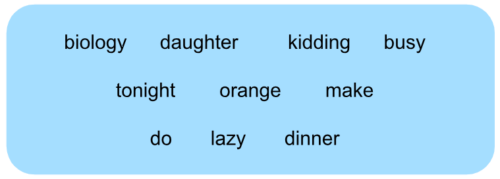 Options for the quiz: biology, daughter, kidding, busy, tonight, orange, make, do, lazy, dinner.