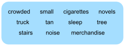 Options for the quiz: crowded, small, cigarettes, novels, truck, tan, sleep, tree, stairs, noise, merchandise.