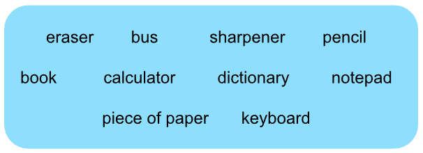 Options for the quiz: eraser, bag, sharpener, pencil, book, calculator, dictionary, notepad, piece of paper, keyboard.